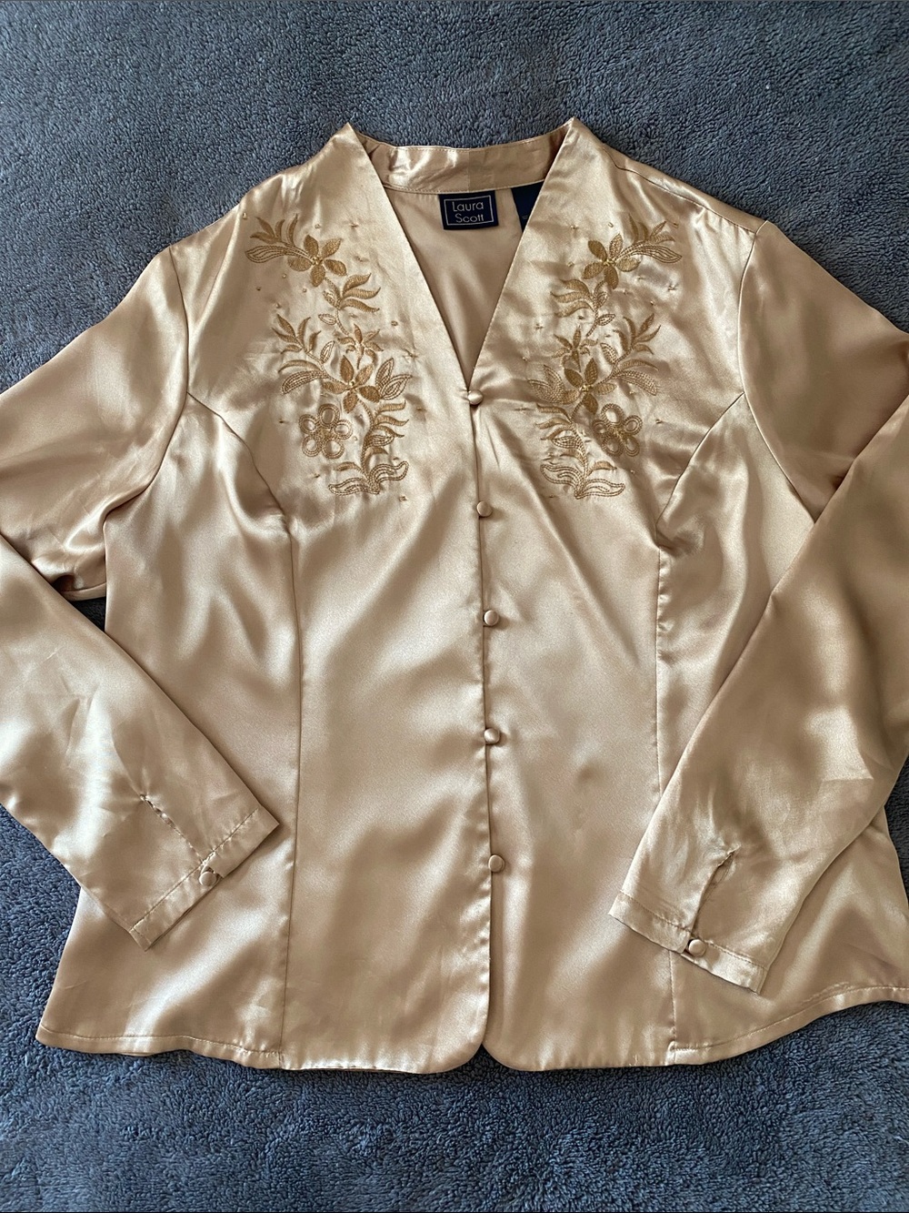 Vintage Laura Scott Satin Embroidered Gold Button-Down Shirt.